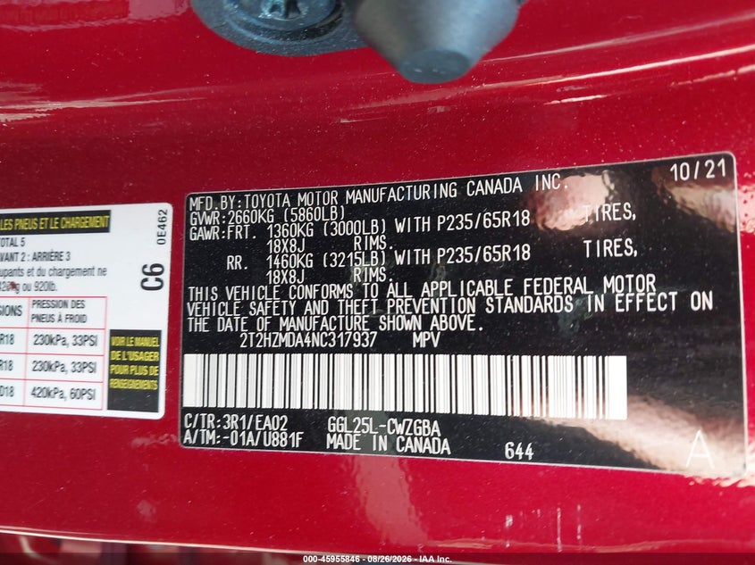 LEXUS RX 350 2022 VIN 2T2HZMDA4NC317937