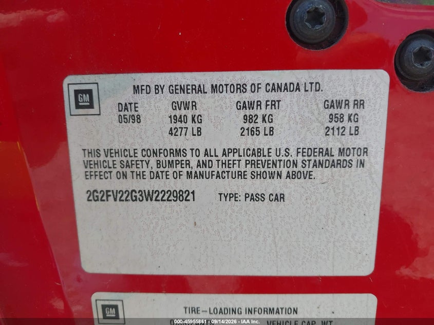 PONTIAC FIREBIRD 1998 VIN 2G2FV22G3W2229821