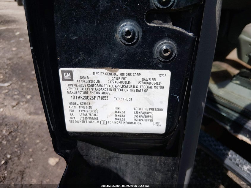 GMC SIERRA 2500HD 2003 VIN 1GTHK23G23F171853