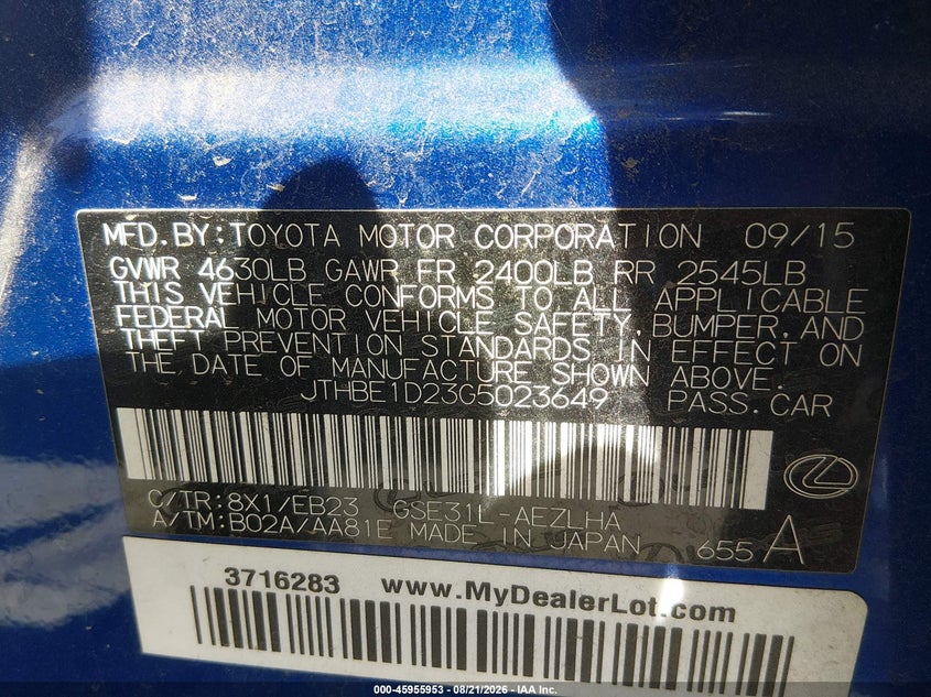 LEXUS IS 350 2016 VIN JTHBE1D23G5023649