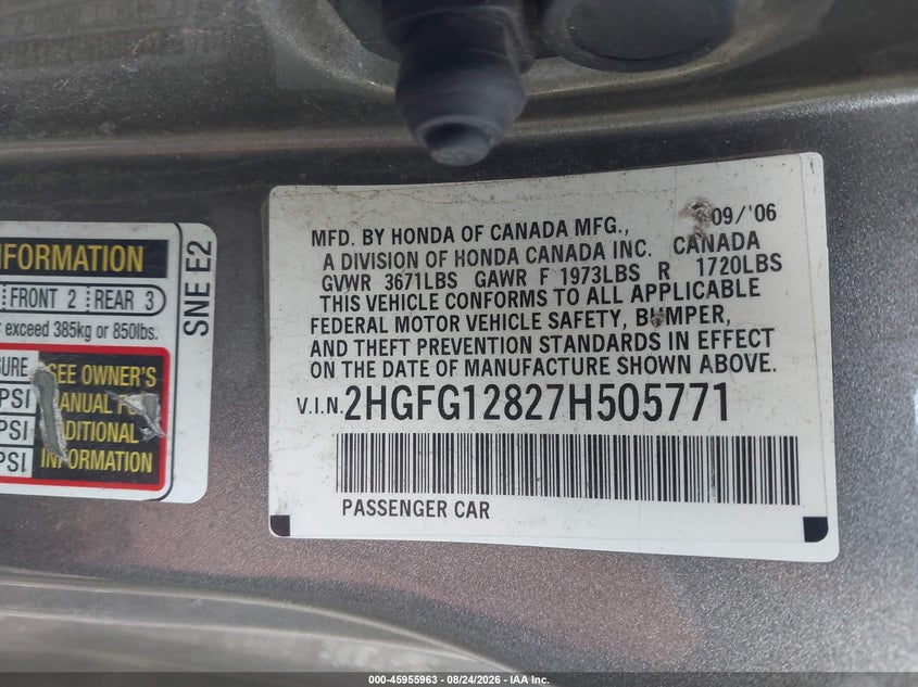 HONDA CIVIC 2007 VIN 2HGFG12827H505771