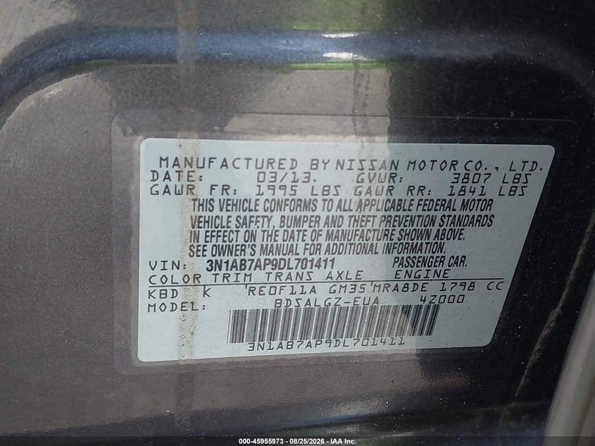 NISSAN SENTRA 2013 VIN 3N1AB7AP9DL701411