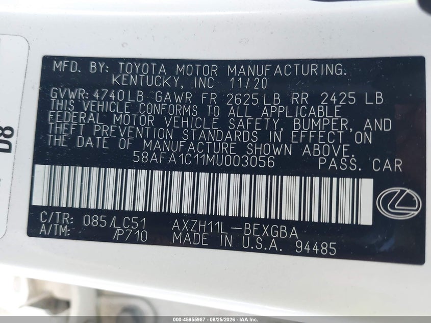 LEXUS ES 300H 2021 VIN 58AFA1C11MU003056