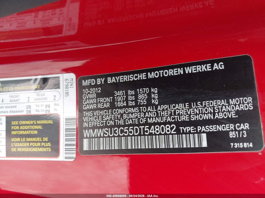 MINI HARDTOP 2013 VIN WMWSU3C55DT548082