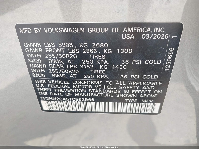 VOLKSWAGEN ATLAS 2026 VIN 1V2HN2CA5TC562966