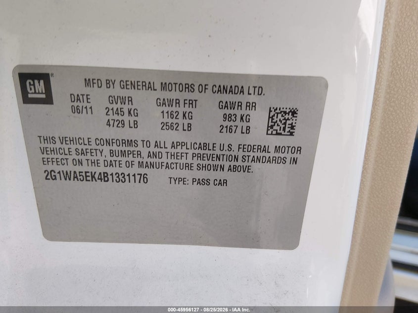 CHEVROLET IMPALA 2011 VIN 2G1WA5EK4B1331176