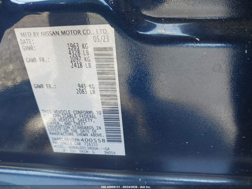 NISSAN ALTIMA 2023 VIN 1N4BL4BV7PN400558