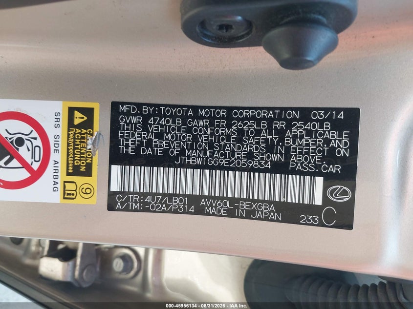 LEXUS ES 300H 2014 VIN JTHBW1GG9E2059834