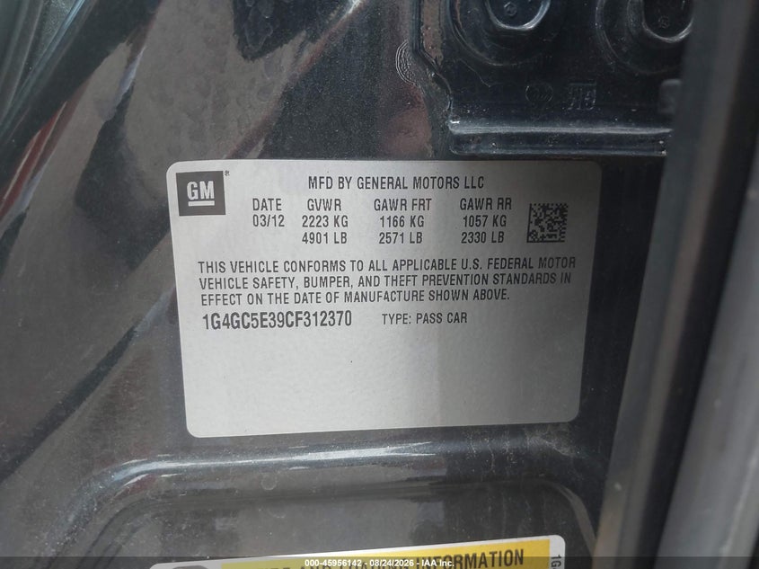 BUICK LACROSSE 2012 VIN 1G4GC5E39CF312370