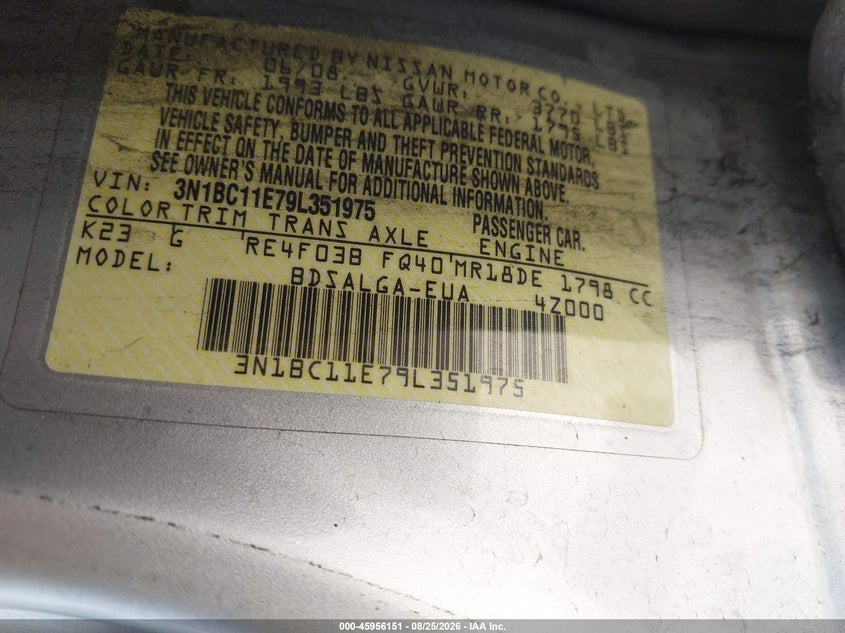 2009 NISSAN VERSA SEDAN 1.8L I-4 DOHC, VVT, 122HP