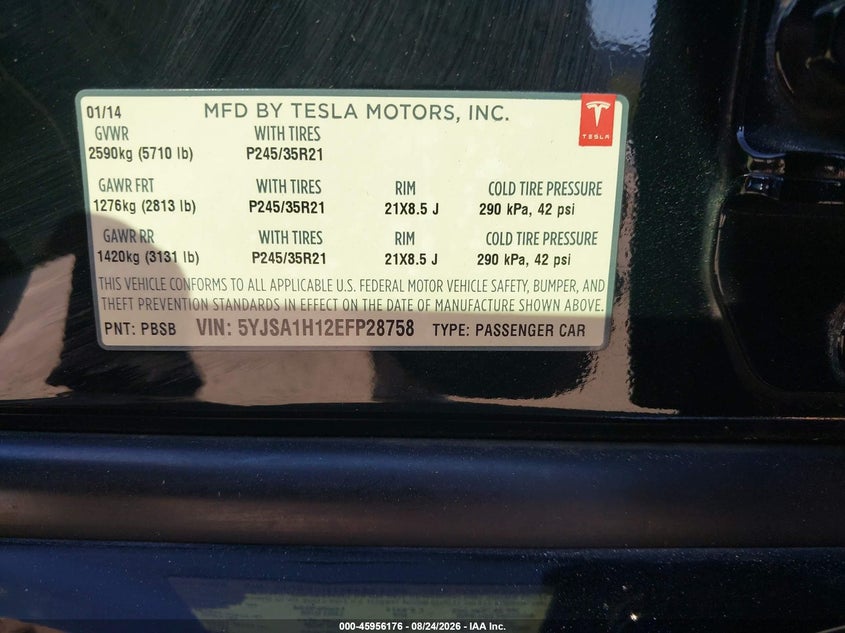 TESLA MODEL S 2014 VIN 5YJSA1H12EFP28758