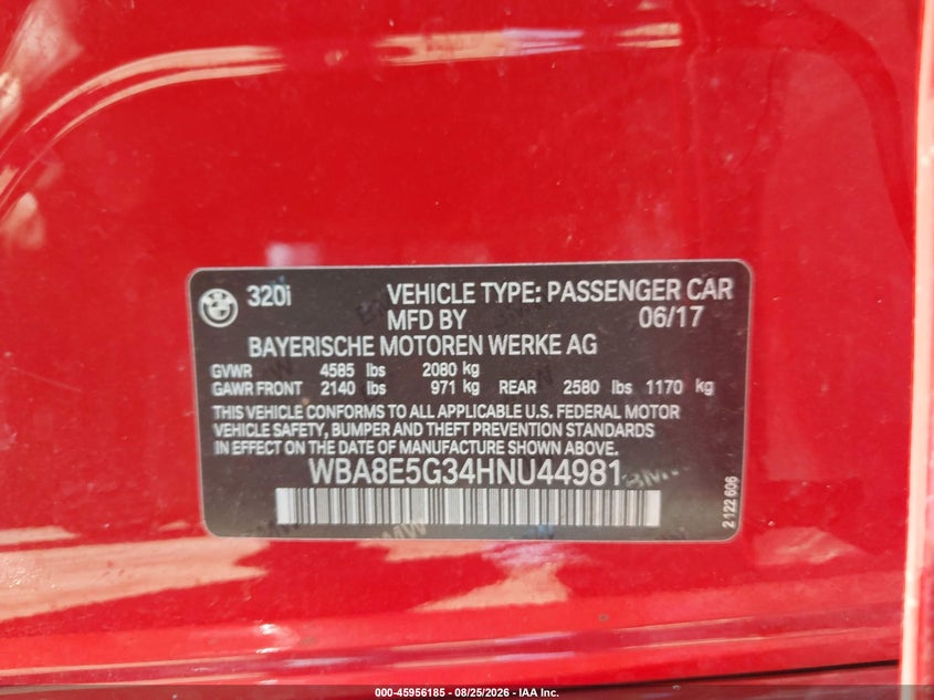 BMW 320I 2017 VIN WBA8E5G34HNU44981