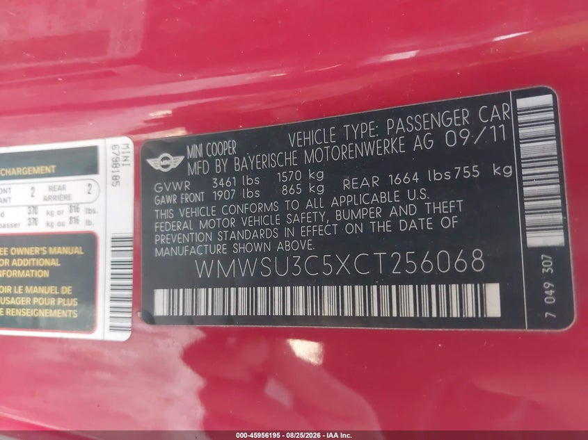MINI COOPER 2012 VIN WMWSU3C5XCT256068