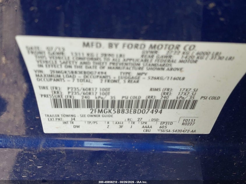 FORD FLEX 2014 VIN 2FMGK5B83EBD07494