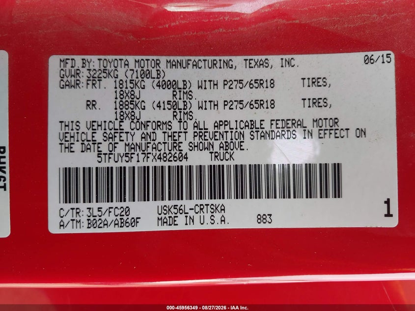 TOYOTA TUNDRA 2015 VIN 5TFUY5F17FX482604