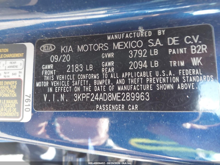 KIA FORTE 2021 VIN 3KPF24AD8ME289963