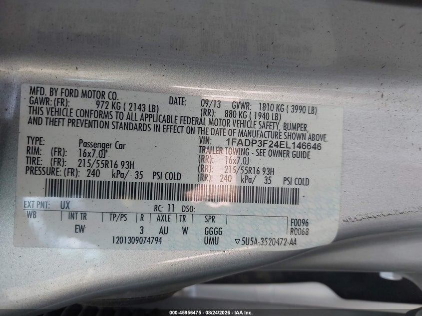 FORD FOCUS 2014 VIN 1FADP3F24EL146646