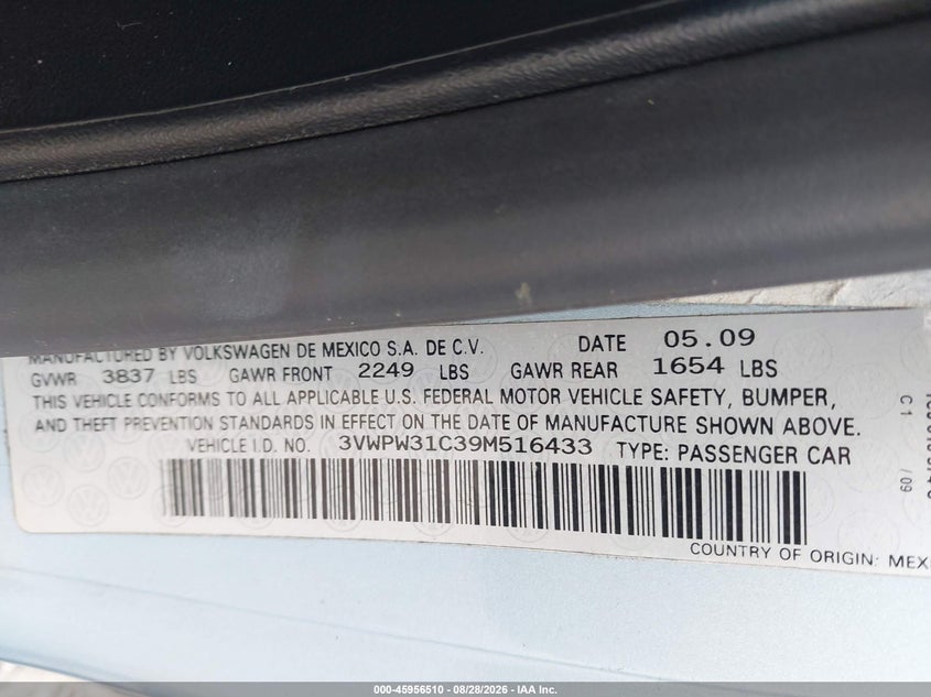 2009 VOLKSWAGEN BEETLE HATCHBACK 2.5L I-5 DOHC, VVT, 150HP