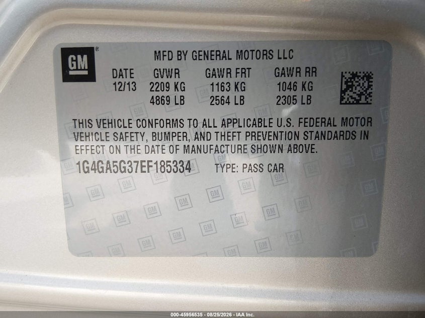 BUICK LACROSSE 2014 VIN 1G4GA5G37EF185334