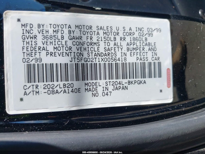TOYOTA CELICA 1999 VIN JT5FG02T1X0056418
