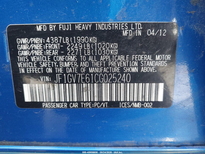 SUBARU IMPREZA 2012 VIN JF1GV7E61CG025240