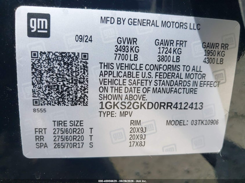 GMC YUKON XL 2024 VIN 1GKS2GKD0RR412413