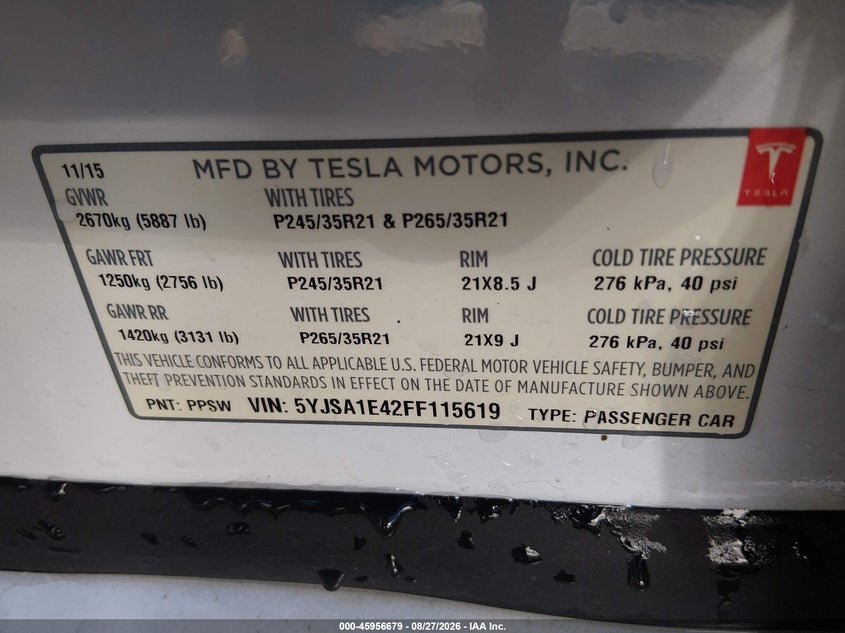 TESLA MODEL S 2015 VIN 5YJSA1E42FF115619