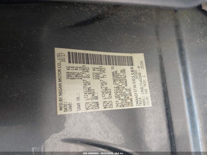 NISSAN TITAN XD 2018 VIN 1N6AA1F37JN501588