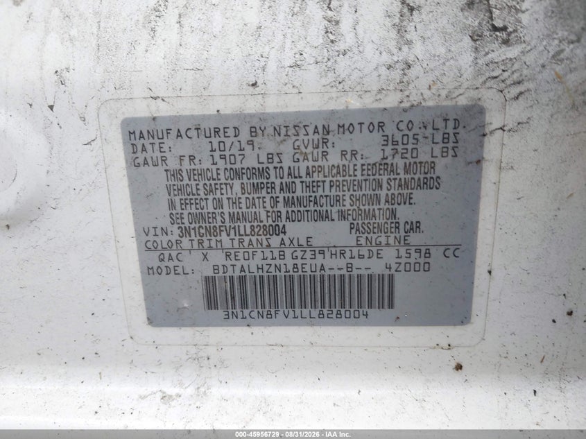 NISSAN VERSA 2020 VIN 3N1CN8FV1LL828004