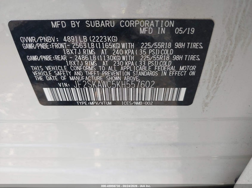SUBARU FORESTER 2019 VIN JF2SKAWC5KH557602