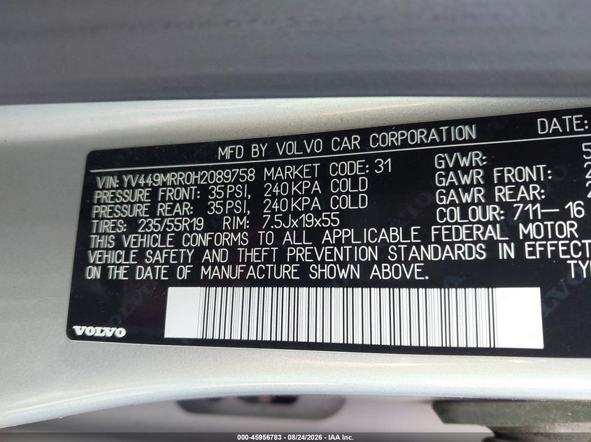 VOLVO XC60 2017 VIN YV449MRR0H2089758