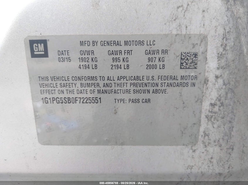 CHEVROLET CRUZE 2015 VIN 1G1PG5SB0F7225551