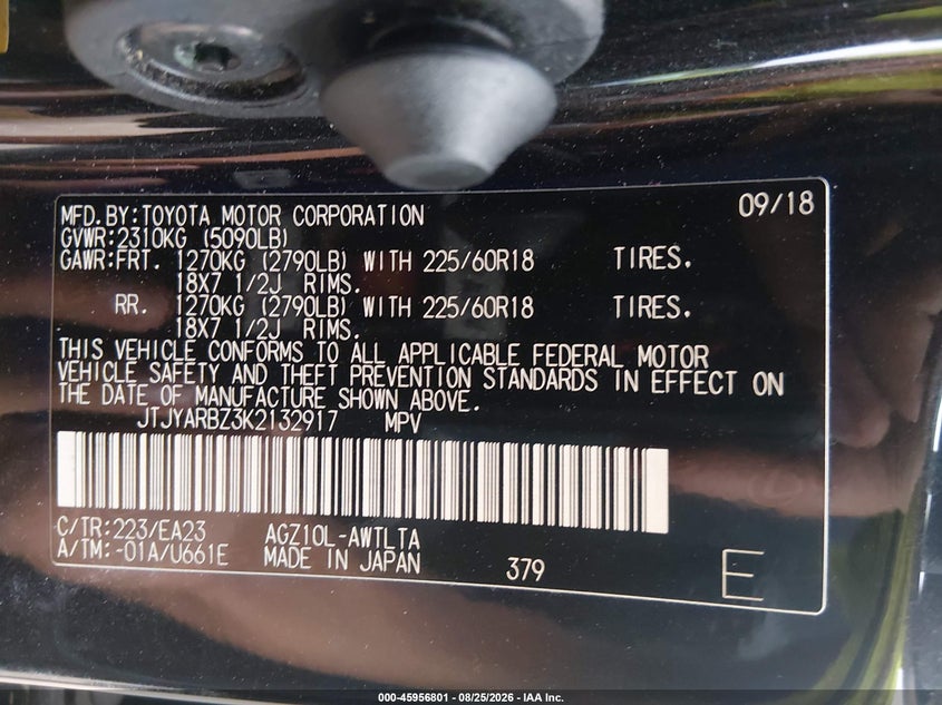 LEXUS NX 300 2019 VIN JTJYARBZ3K2132917