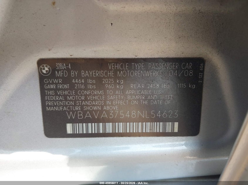 BMW 328I 2008 VIN WBAVA37548NL54623