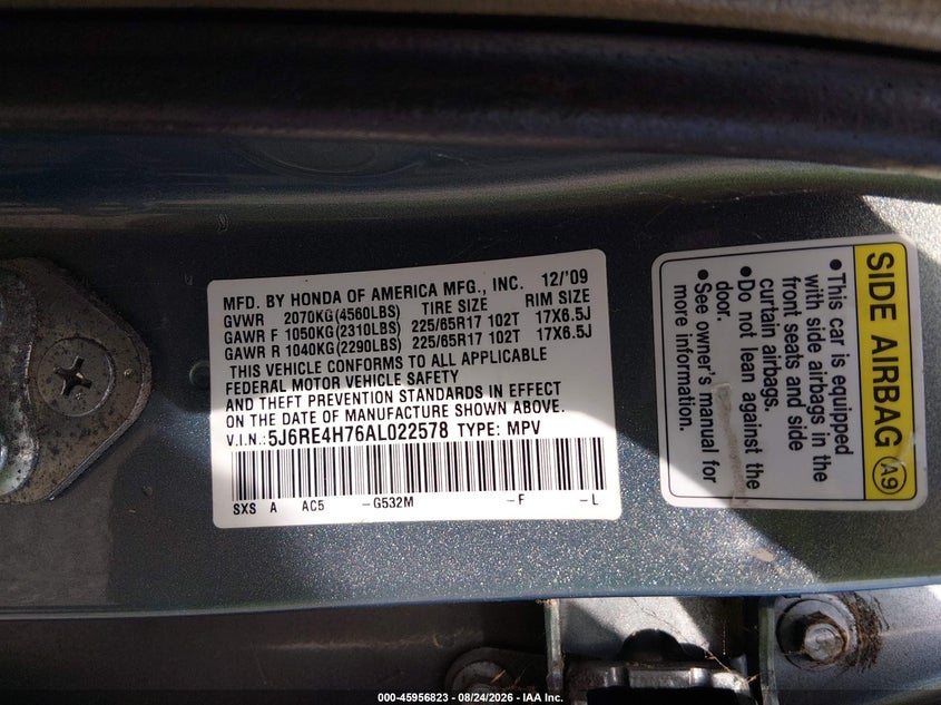 HONDA CR-V 2010 VIN 5J6RE4H76AL022578