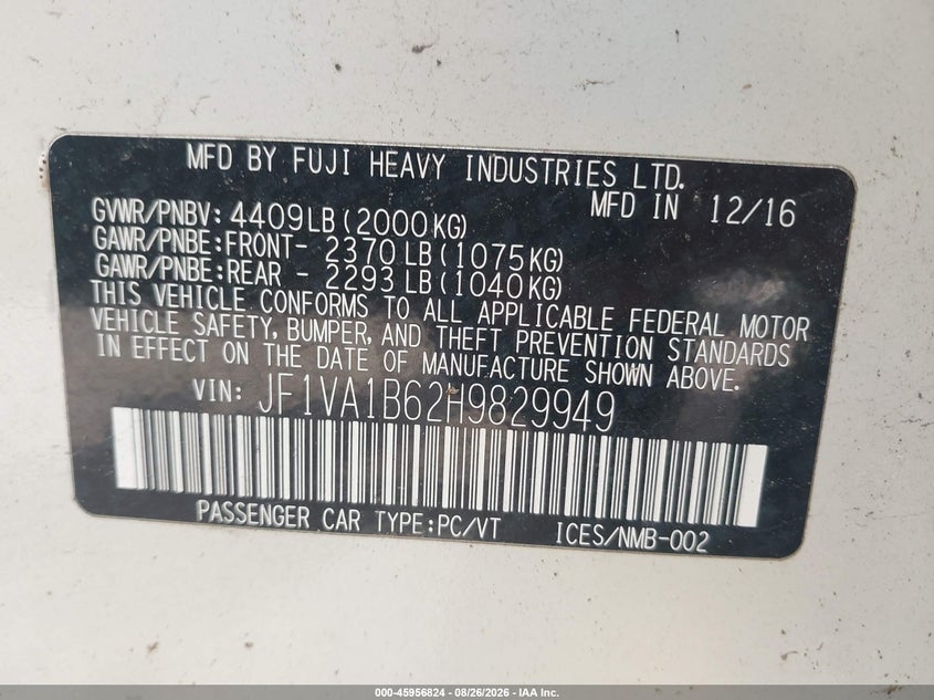 SUBARU WRX 2017 VIN JF1VA1B62H9829949