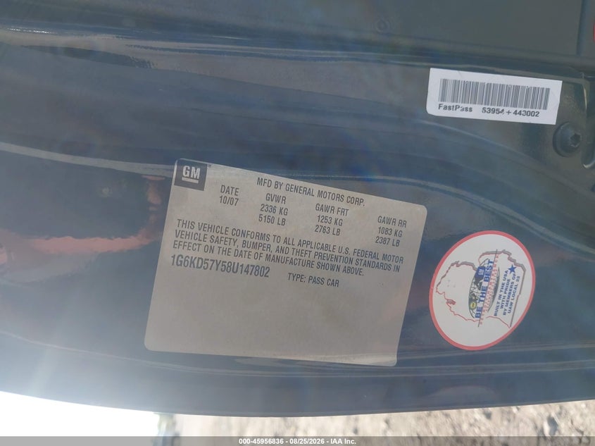CADILLAC DTS 2008 VIN 1G6KD57Y58U147802