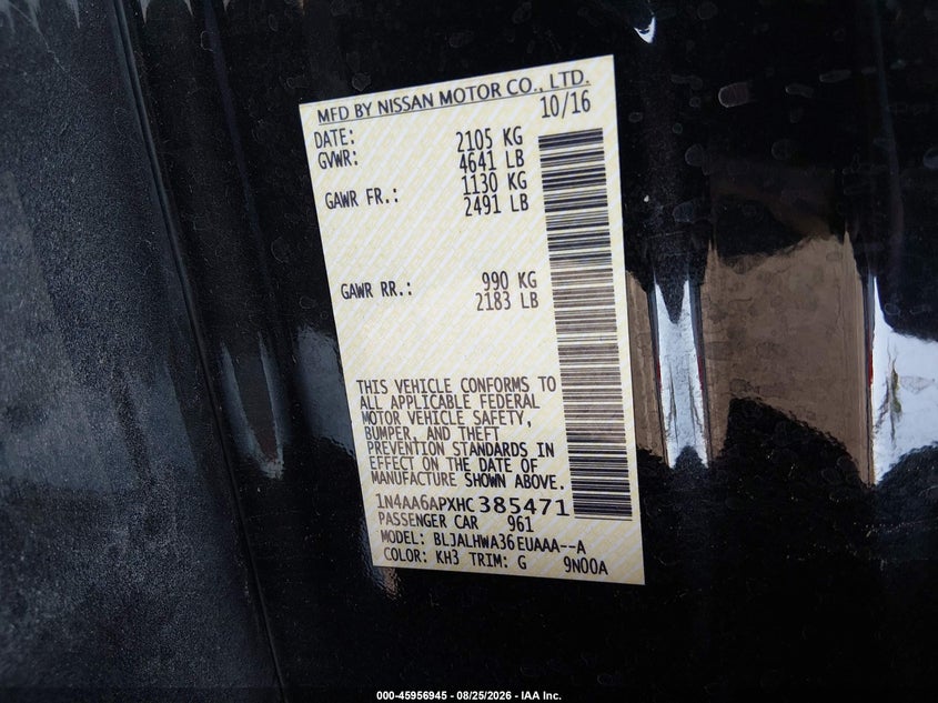 NISSAN MAXIMA 2017 VIN 1N4AA6APXHC385471
