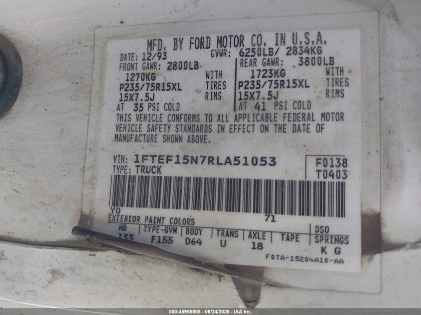 FORD F150 1994 VIN 1FTEF15N7RLA51053