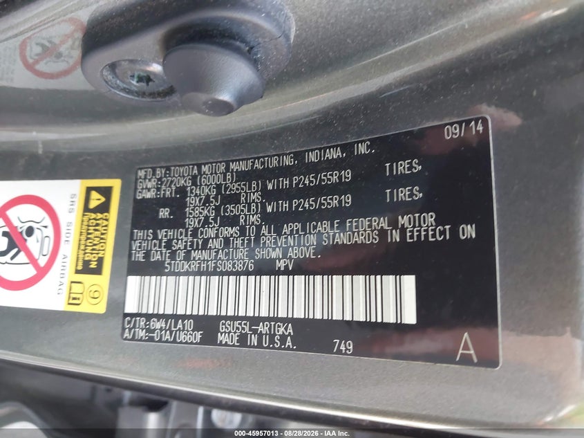 2015 TOYOTA HIGHLANDER SPORT UTILITY VEHICLE 3.5L V-6 DOHC, VVT, 270HP