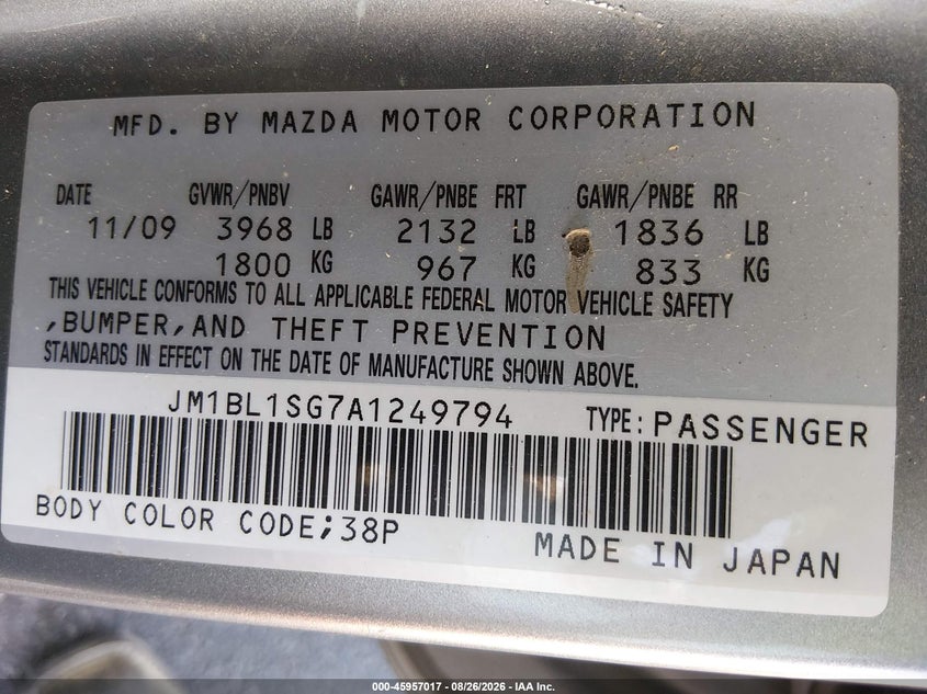 MAZDA MAZDA3 2010 VIN JM1BL1SG7A1249794