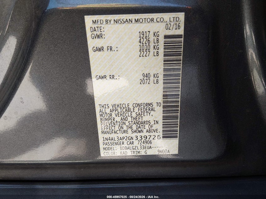 NISSAN ALTIMA 2016 VIN 1N4AL3AP2GN339726