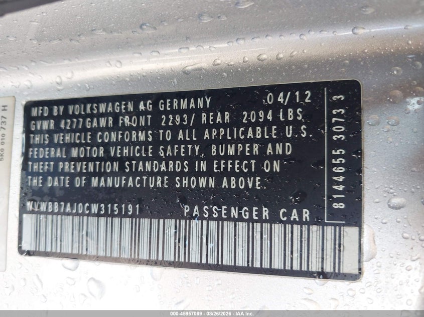 VOLKSWAGEN GOLF 2012 VIN WVWBB7AJ0CW315191