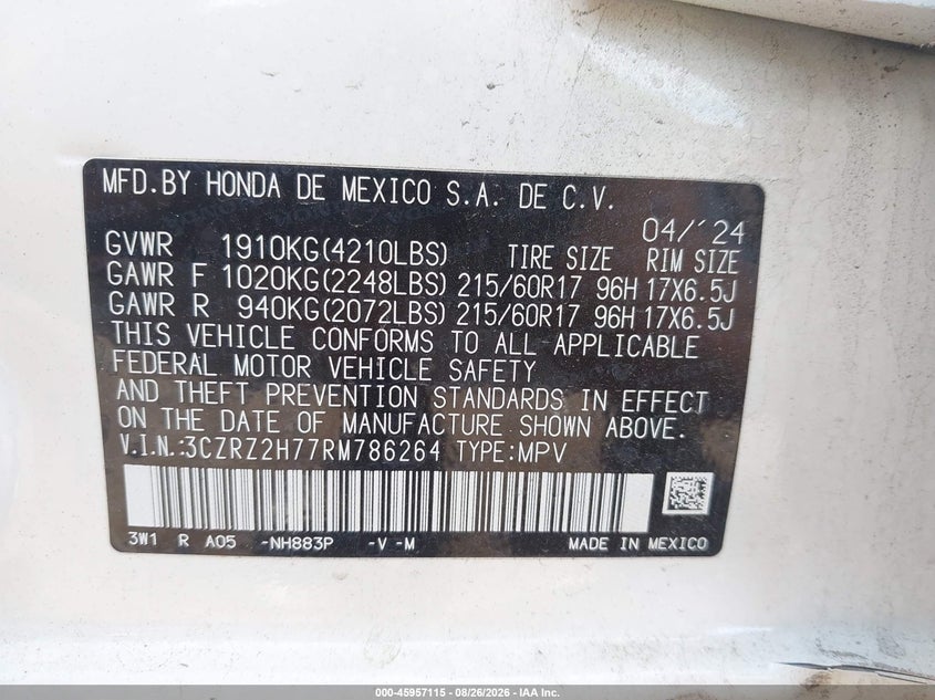 HONDA HR-V 2024 VIN 3CZRZ2H77RM786264