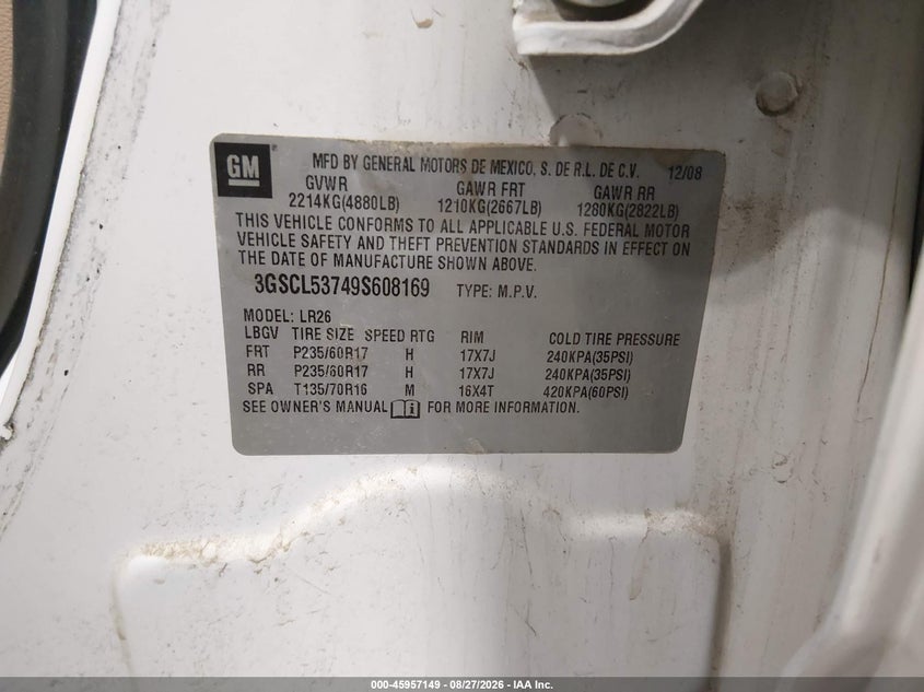 SATURN VUE 2009 VIN 3GSCL53749S608169