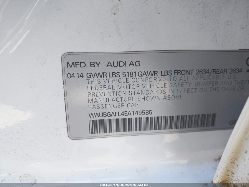 AUDI S4 2014 VIN WAUBGAFL4EA149585