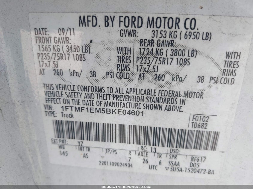 2011 FORD F-150 TRUCK 3.7L V-6 DOHC, VVT, 302HP