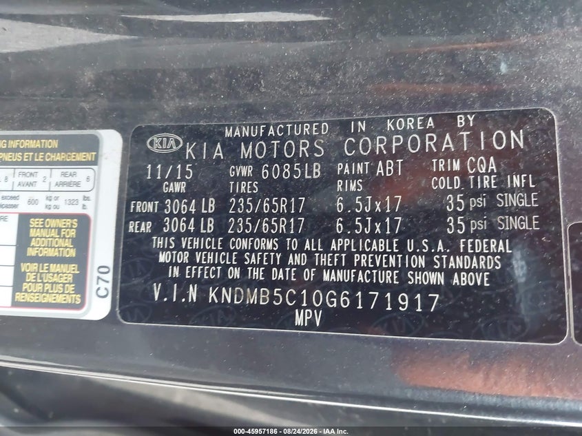 KIA SEDONA 2016 VIN KNDMB5C10G6171917