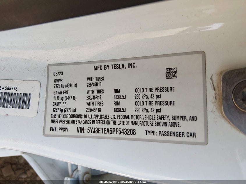 TESLA MODEL 3 2023 VIN 5YJ3E1EA6PF543208