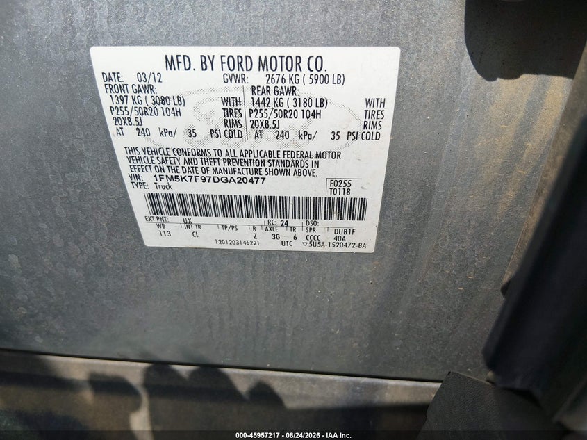 FORD EXPLORER 2013 VIN 1FM5K7F97DGA20477